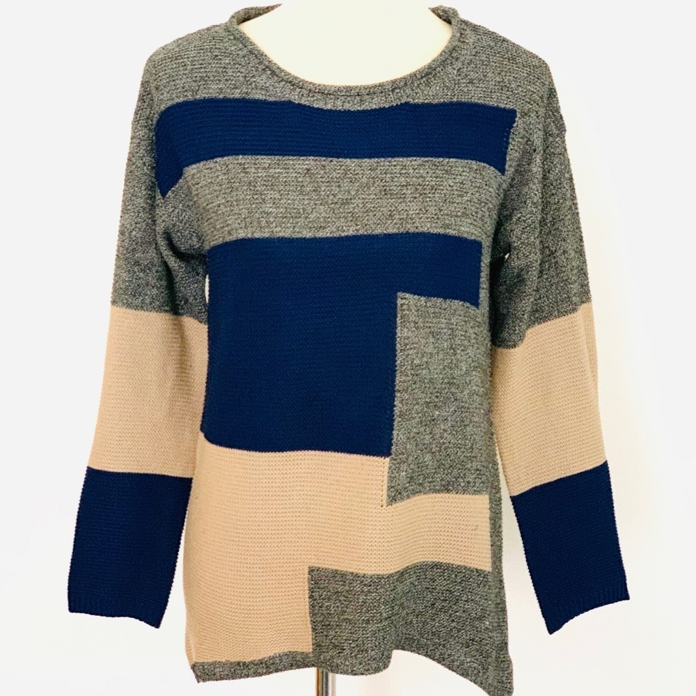 Vintage Long Sleeve Color Block Roll Neck Sweater